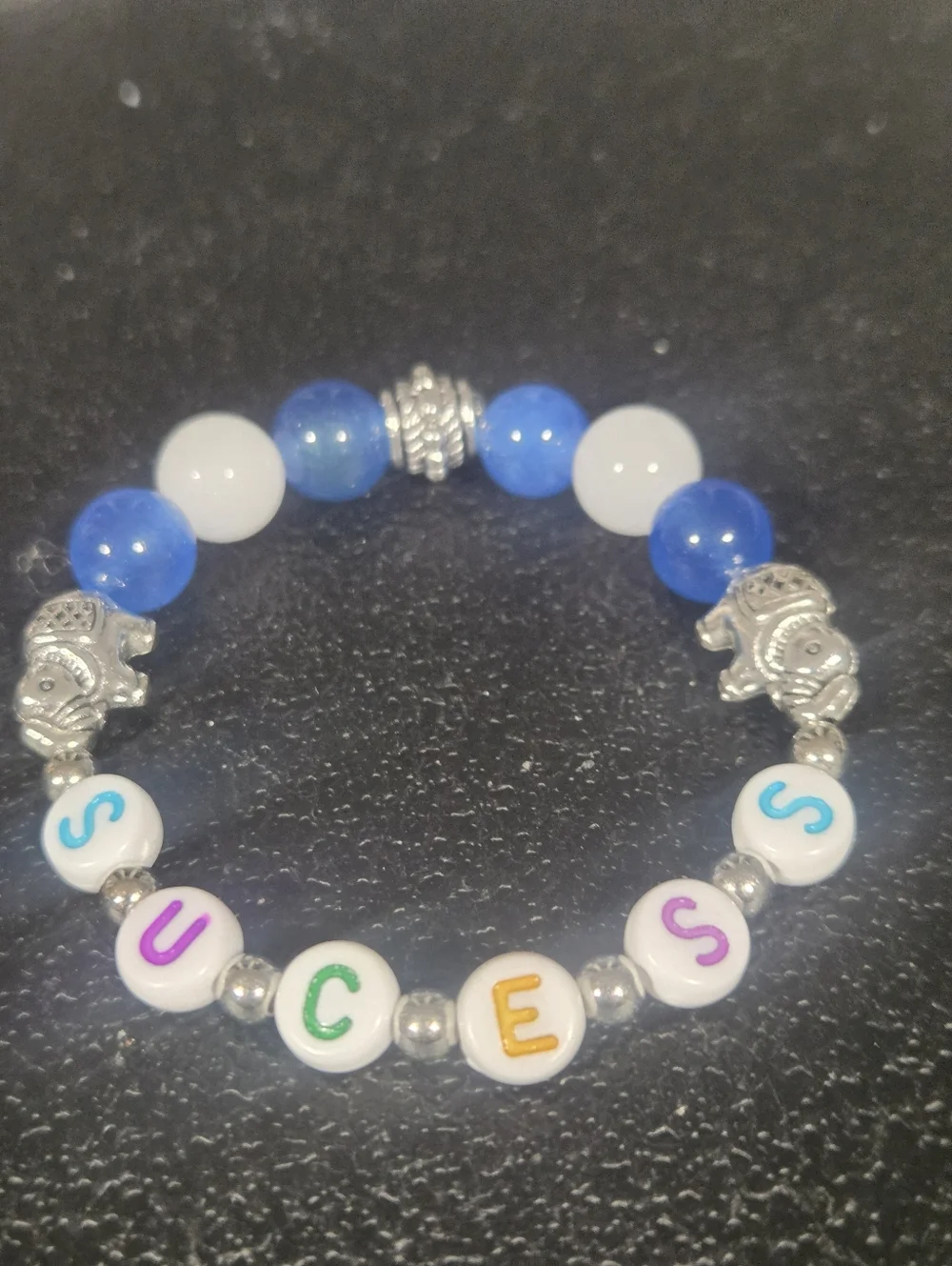 Handcrafted Beaded 'SUCCESS' Bracelet with Blue and White Gem Beads - Picture 10 of 10